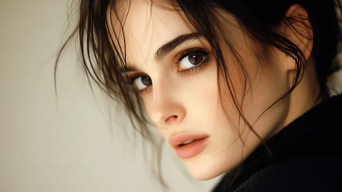 Soft-lit portrait of woman with intense brown gaze.