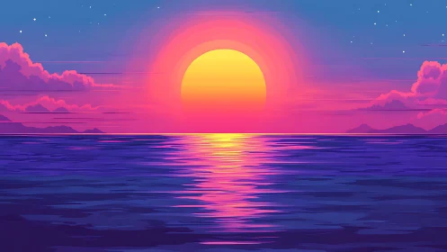 Neon sunset sphere melts into tranquil violet ocean horizon.