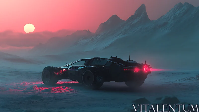 Futuristic rover crosses neon-lit tundra under red dusk