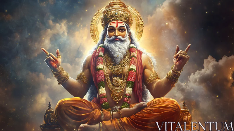 Divine sage deity in lotus pose with radiant cosmic halo glow