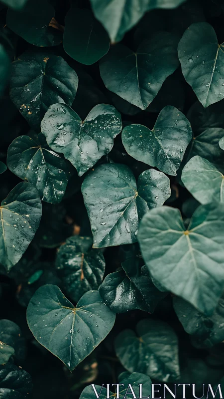 Dark green heart shaped leaves are covered with raindrops