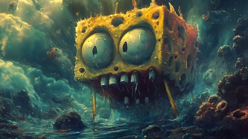 Grotesque sponge monster stalks a stormy alien seascape