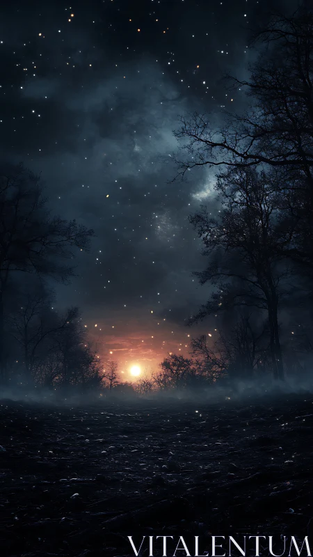 Backlit misty forest under dense starfield and twilight glow
