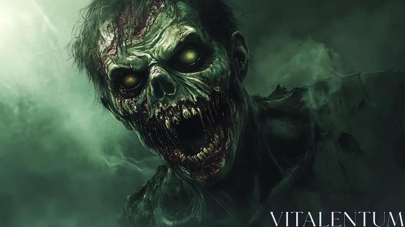 Rotting zombie portrait with gaping jaws in green fog.