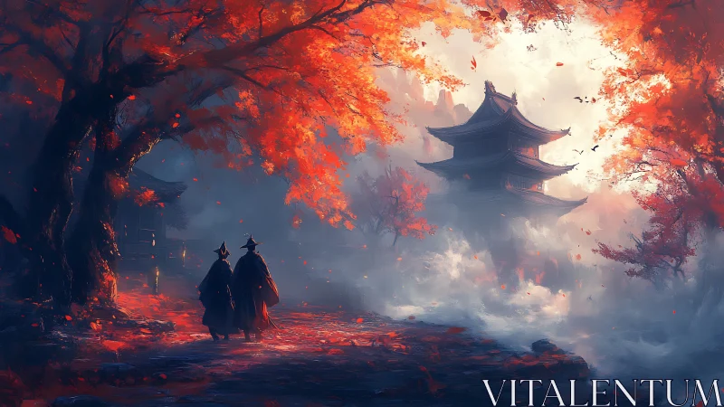 Crimson autumn forest welcomes travelers toward a misty temple
