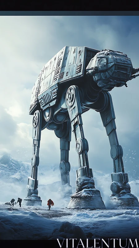 Large four-legged combat walker advances across icy battlefield