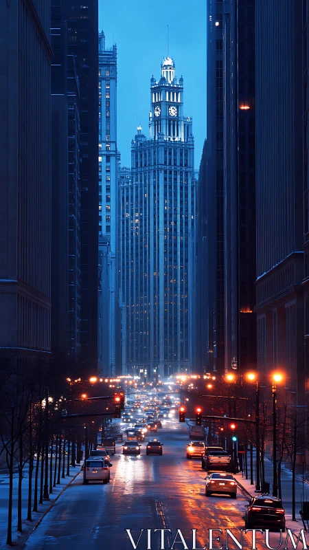 Downtown winter street with illuminated clock tower at dusk.