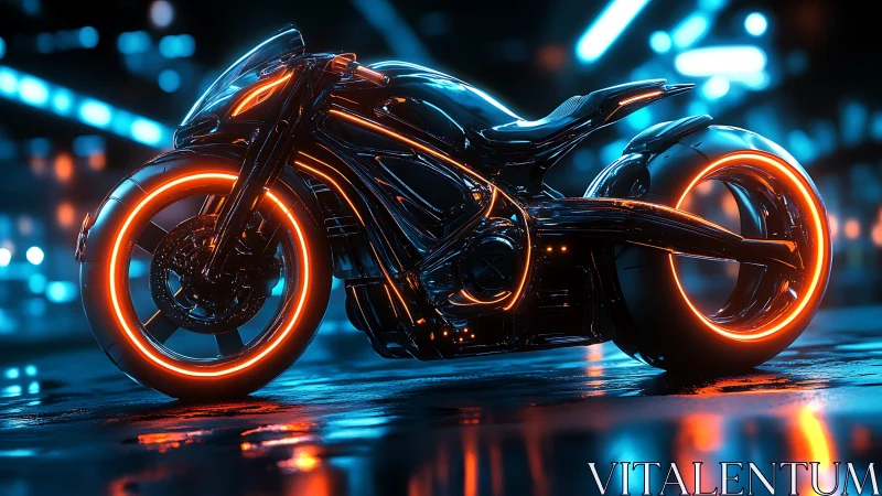 Cybernetic neon sport motorcycle with glowing orange light rings