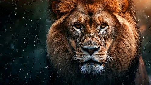 Male lion portrait under snowfall uses dramatic rim lighting