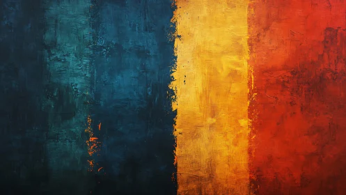 Triptych color fields in teal yellow and scarlet textures.