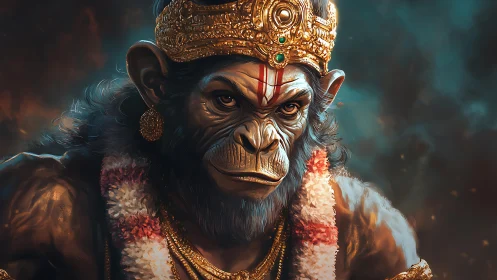 Mythic simian warrior deity in jeweled crown and garland armor