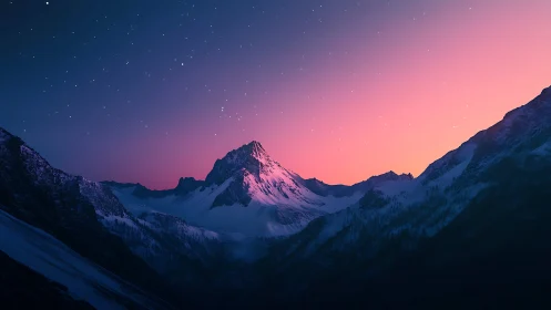 Snowpeaked titan leans into twilight’s rose-blue hush