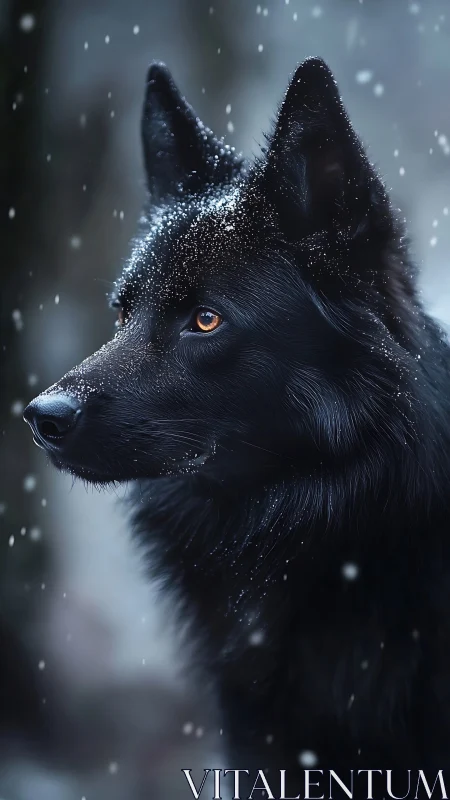Black shepherd dog watches snowfall in cold blue light.