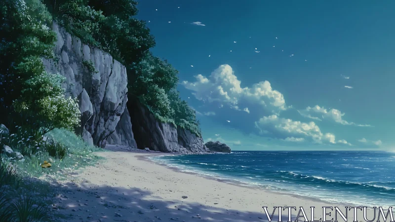 Quiet blue shoreline embracing cliffs and gentle waves.