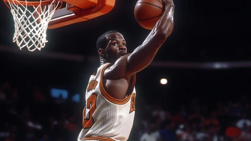 Basketball player executing two-handed dunk in arena.