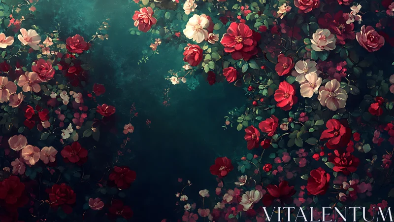 Floral arrangement with roses and foliage on teal background.