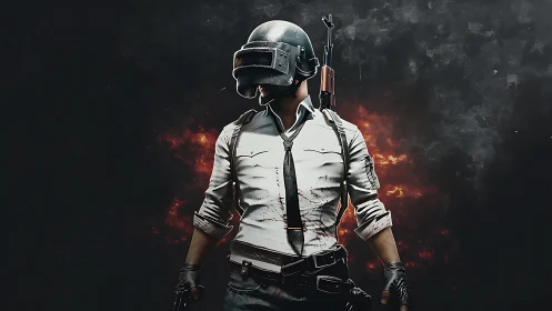 Helmeted urban warrior standing before a storm of sparks.