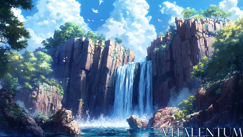 Digital landscape depicts vertical waterfall between cliffs
