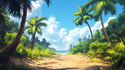 Tropical Beach Path Through Palm Grove Under Clear Sky