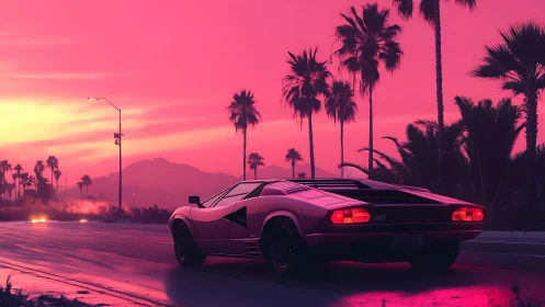 Sunset highway cruise with a retro sports car glow.