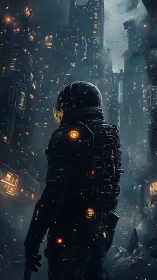 Solitary astronaut surveys burning cyberpunk megacity ruin