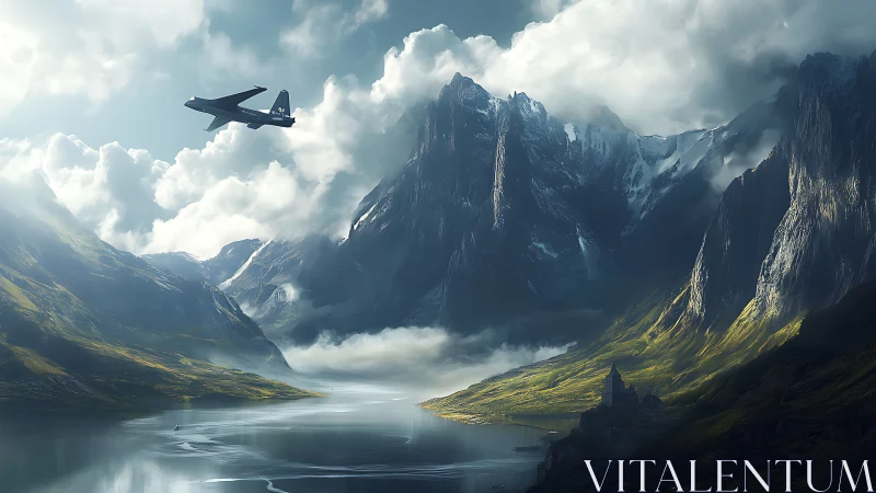 Futuristic jet over misty fjord and towering fantasy peaks.