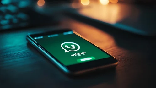 Smartphone with messaging app screen on dark desk surface.