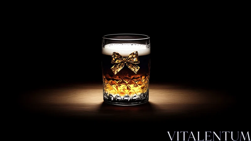 Glass of dark beverage with bow accent is centrally lit