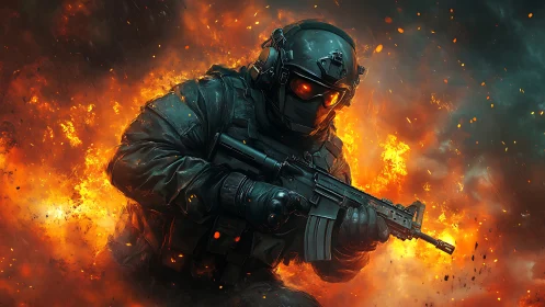 Armored tactical soldier advances through incendiary blast field