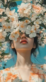 Blossom-drenched daydream girl beneath a turquoise sky.