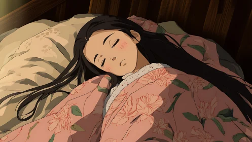 Anime girl sleeping under floral duvet in warm bedside light.