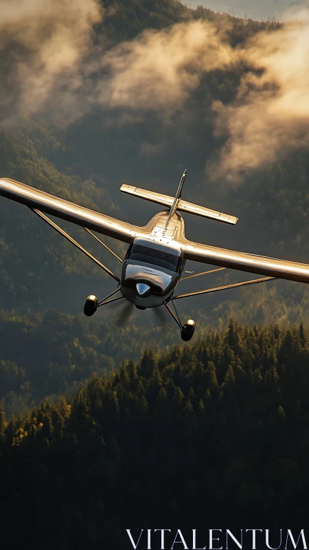 Sunlit single-engine plane glides calmly above forest hills