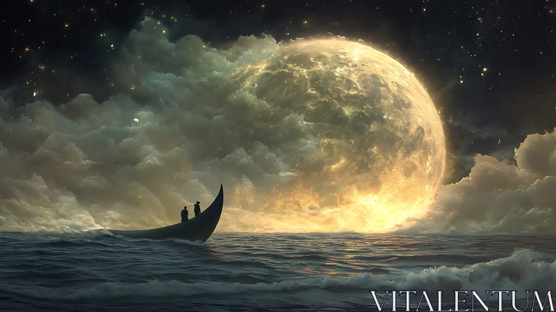 Moonlit voyage toward a luminous horizon of clouds.