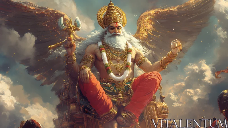 Winged mythic deity in ornate golden armor amid storm clouds