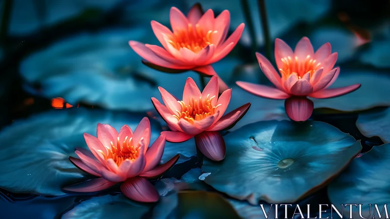 Red Water Lilies Floating on Deep Blue Pond.