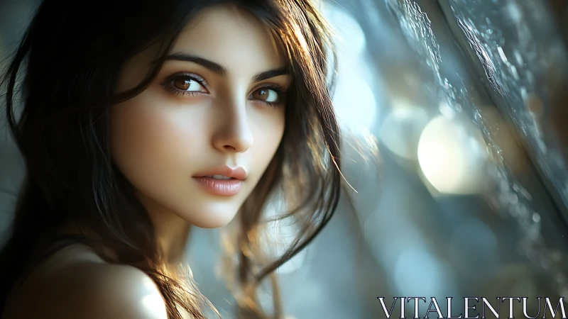 Soft light traces a serene woman’s reflective gaze by glass.