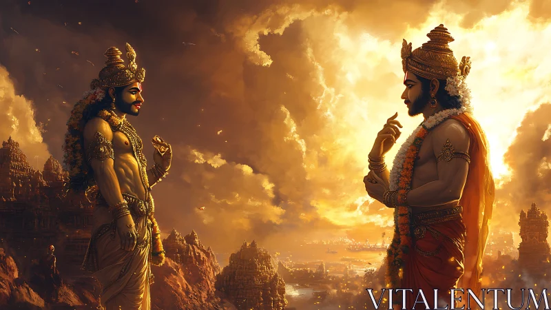 Divine warriors converse under a blazing mythic sunset sky