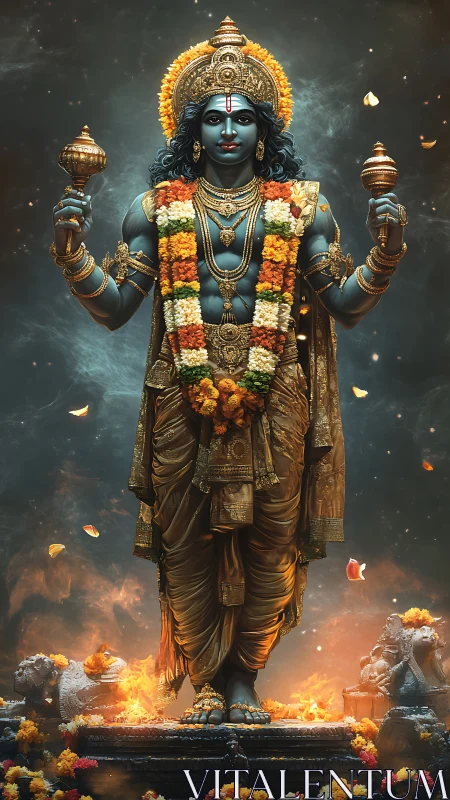 Divine blue guardian rises through marigold firelight