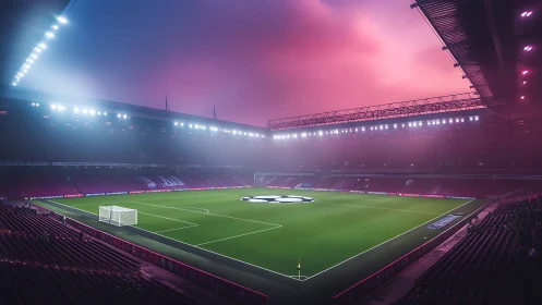 Floodlit football stadium waits under vivid twilight sky