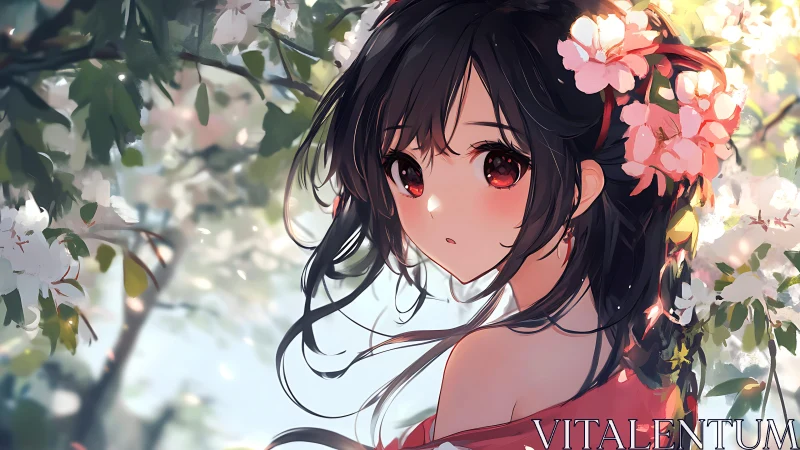 Anime portrait of girl with floral hair adornment in bokeh garden