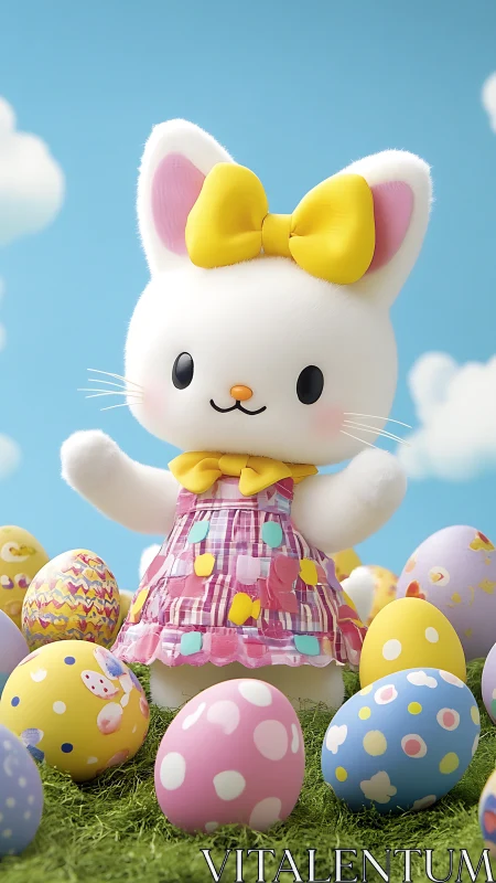 White cartoon cat in dress among decorated Easter eggs.