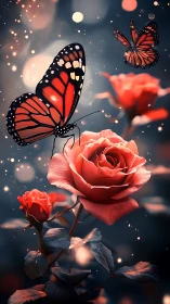 Enchanted monarch butterflies over glowing scarlet roses.