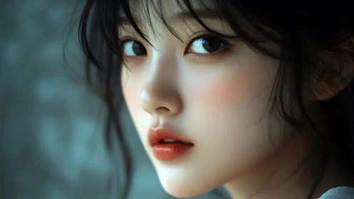 Soft-lit gaze drifts through teal shadows and polished silence