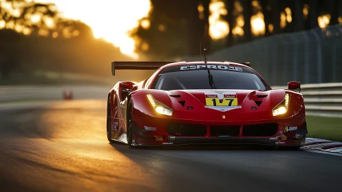 Low-slung GT race car exits apex under warm backlit sunset glow