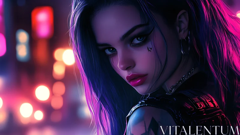 Neon alley rebel girl under electric midnight city glow.