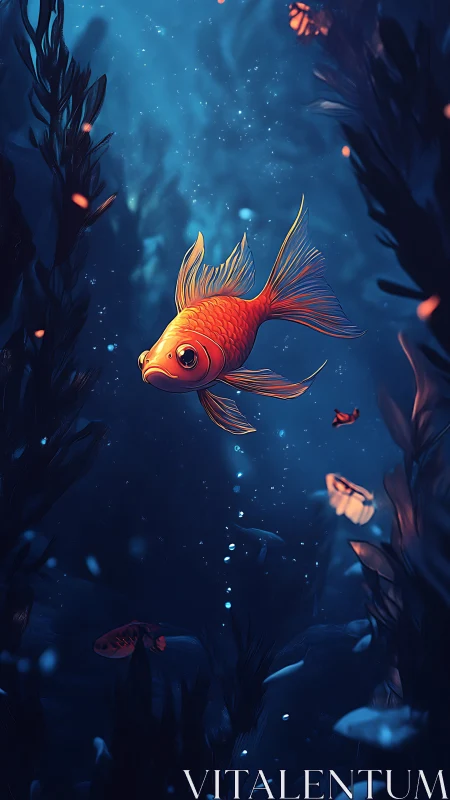 Orange fish in deep blue underwater digital illustration.
