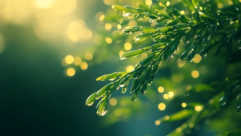 Evergreen branch with water droplets in soft bokeh light.