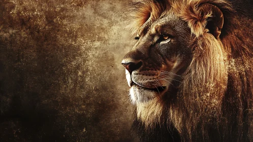 Majestic male lion profile against textured bronze backdrop