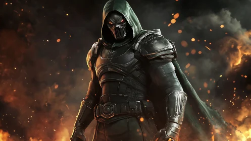 Armored hooded warrior stands in flaming battlefield smoke