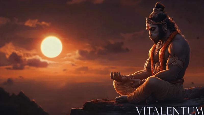 Digital painting of meditative deity under dramatic sunset light.